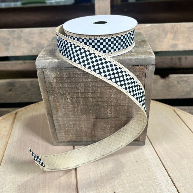 1" x 10Y Tan checkered Wired Ribbon - D46632-10-15