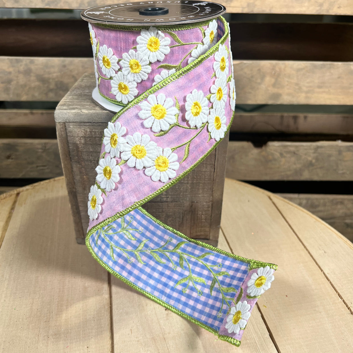 2.5” by 10y Purple Daisies and Blue Gingham double sided Wired Ribbon - Nancy Brown Home - 26-2068D