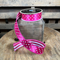 1.5” x 10yd hot pink pokadot with stripe backing d’lux ribbon - LX305511