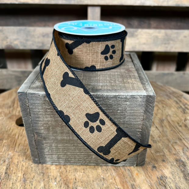 1.5"X10YD PAW PRINT/BONES ON ROYAL - TAN/BLACK - RGA1147F2