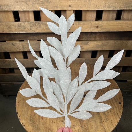 23 Inch glitter white bay leaf spray  - XS237027