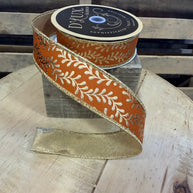 1.5” x 10yd orange and gold foil leave garland designer ribbon - LX3141T3