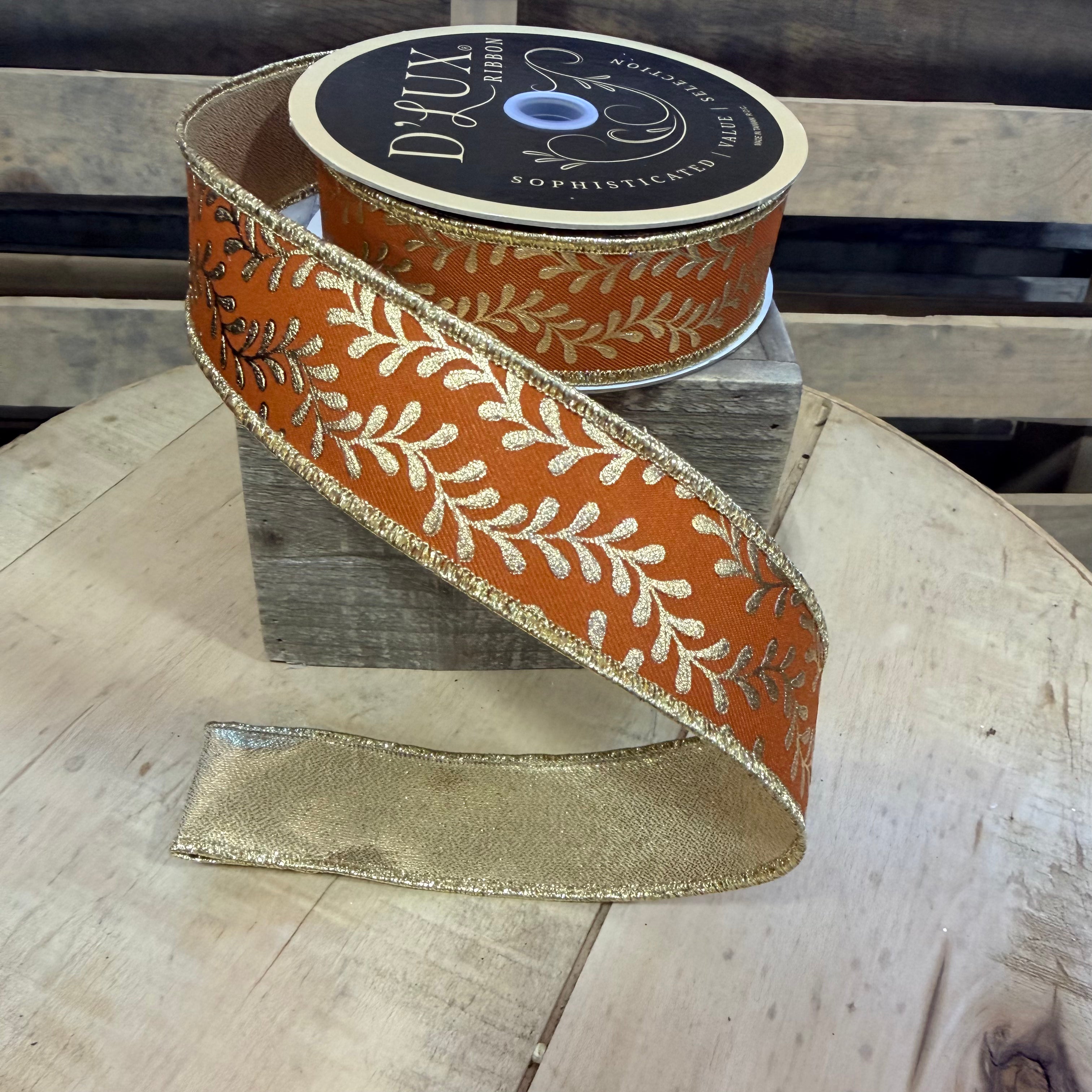 1.5” x 10yd orange and gold foil leave garland designer ribbon - LX3141T3