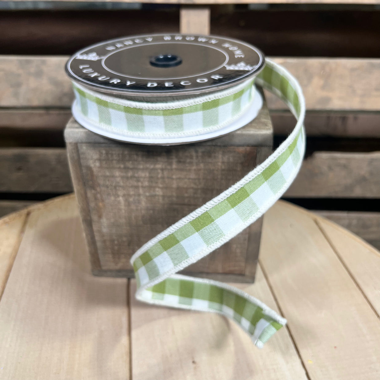 1” by 10y Green gingham Wired Ribbon - Nancy Brown Home - 26-1046A