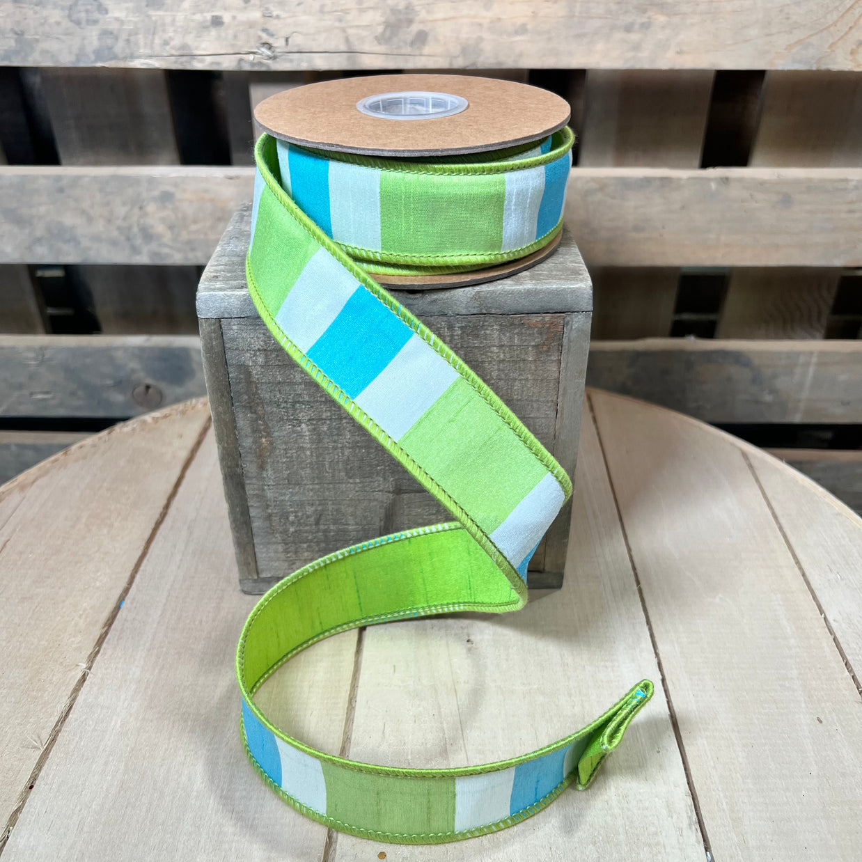 1.5” by 10Y green and blue horizontal stripe wired ribbon - 6925W-550-38E