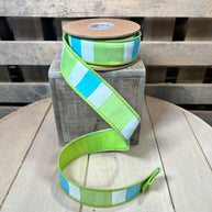 1.5” by 10Y green and blue horizontal stripe wired ribbon - 6925W-550-38E