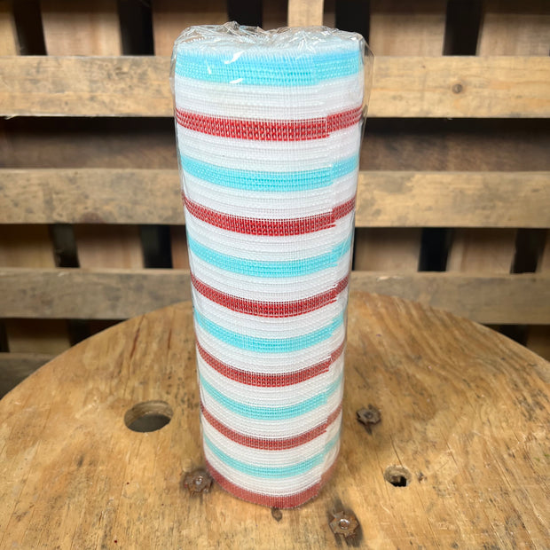 10" x 10Y Ice blue red and white jute stripe fine weave mesh - RY5023R6