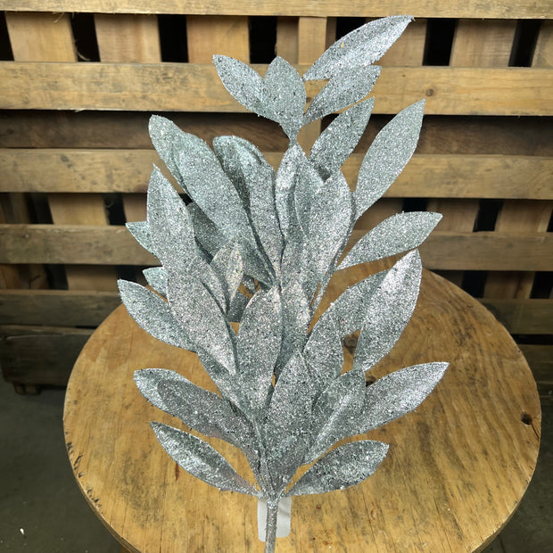 23 Inch glitter silver bay leaf spray  - XS618226