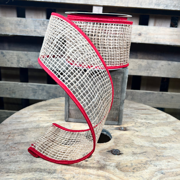 4” x 10yd open weave burlap with red edge designer ribbon - DCR21111RD