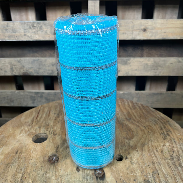 10" x 10Y Ice blue and silver tinsel jute stripe mesh - RY8329W7