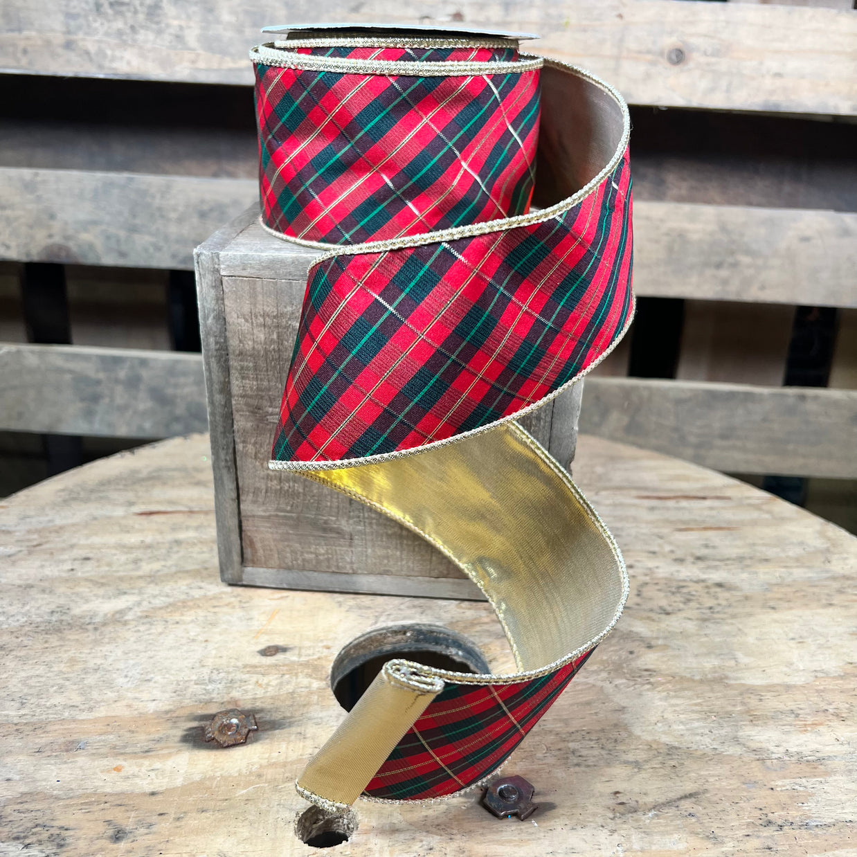 2.5” x 10yd Christmas plaid with gold backing designer ribbon - DCR3778