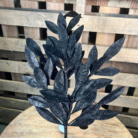 23 Inch glitter black bay leaf spray  -  XS237002