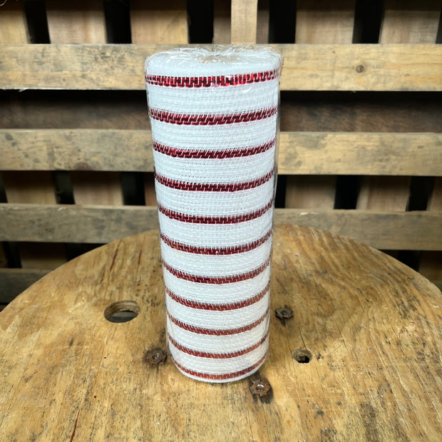 10" x 10Y white and red foil jute stripe mesh - RY8018A2