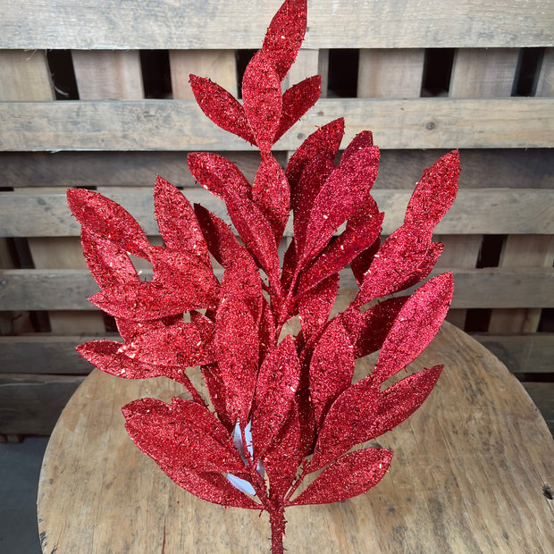 23. 5 Inch glitter red bay leaf spray  - XX088524