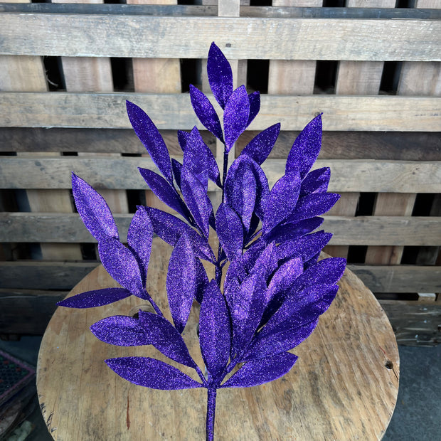 23 Inch purple glitter bay leaf spray  - XS237023