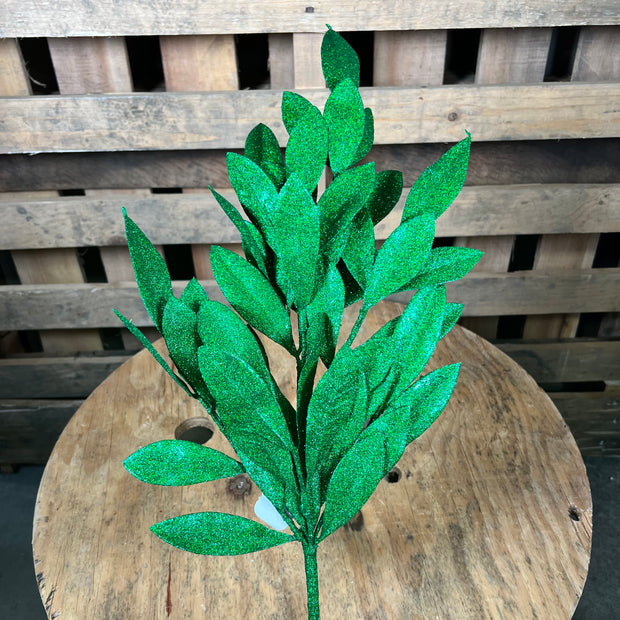 23 Inch glitter emerald green bay leaf spray  - XS237106