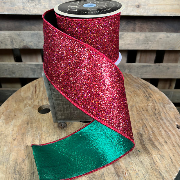 4” x 10yd red glitter with green backed d’lux ribbon - LX32734N