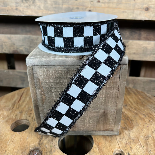 1.5"X10YD white and black glitter check Wired Ribbon - RG0834727
