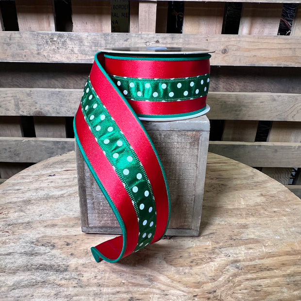 2.5”x 10yd Christmas dot stripe sided Wired Ribbon - LX30774N
