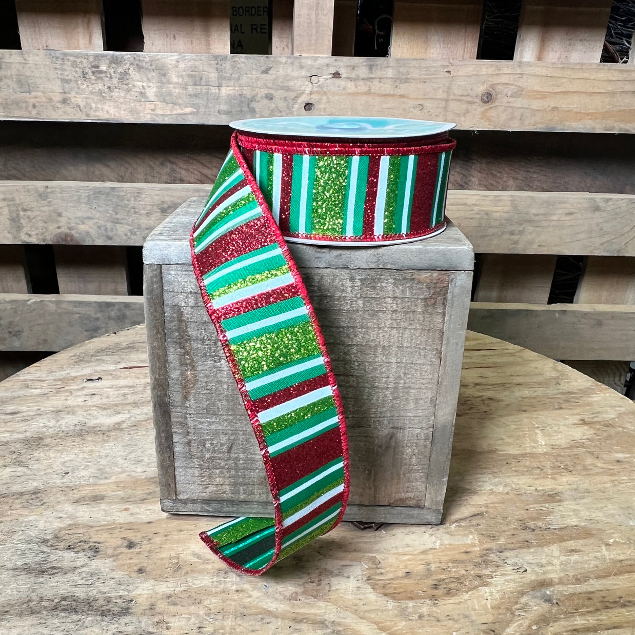 1.5”x 10yd Christmas glitter stripe  Wired Ribbon - RGF191806