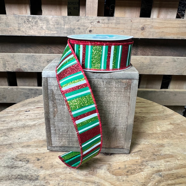 1.5”x 10yd Christmas glitter stripe  Wired Ribbon - RGF191806
