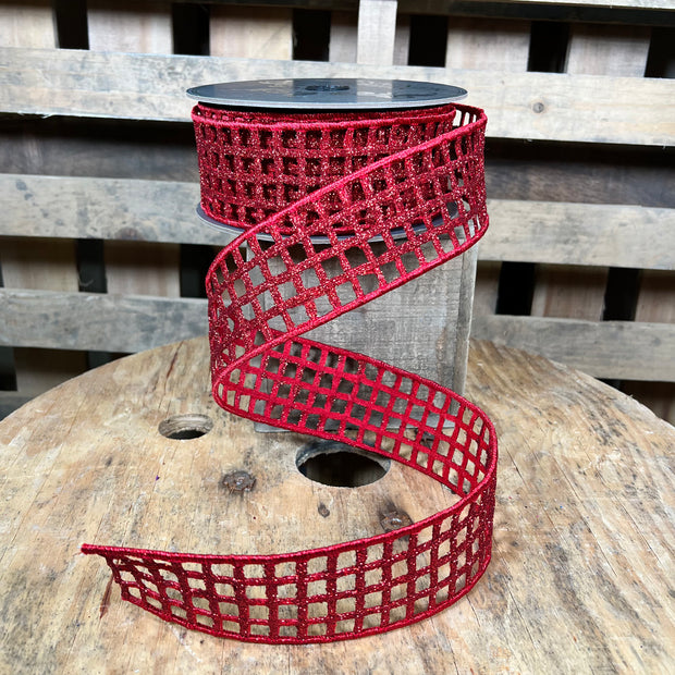 2.5” x 10yd Red glitter open weave deluxe Wired Ribbon - Designer ribbon - 94404W06540F