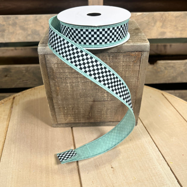 1" x 10Y Mint checkered Wired Ribbon - D46632-10-06