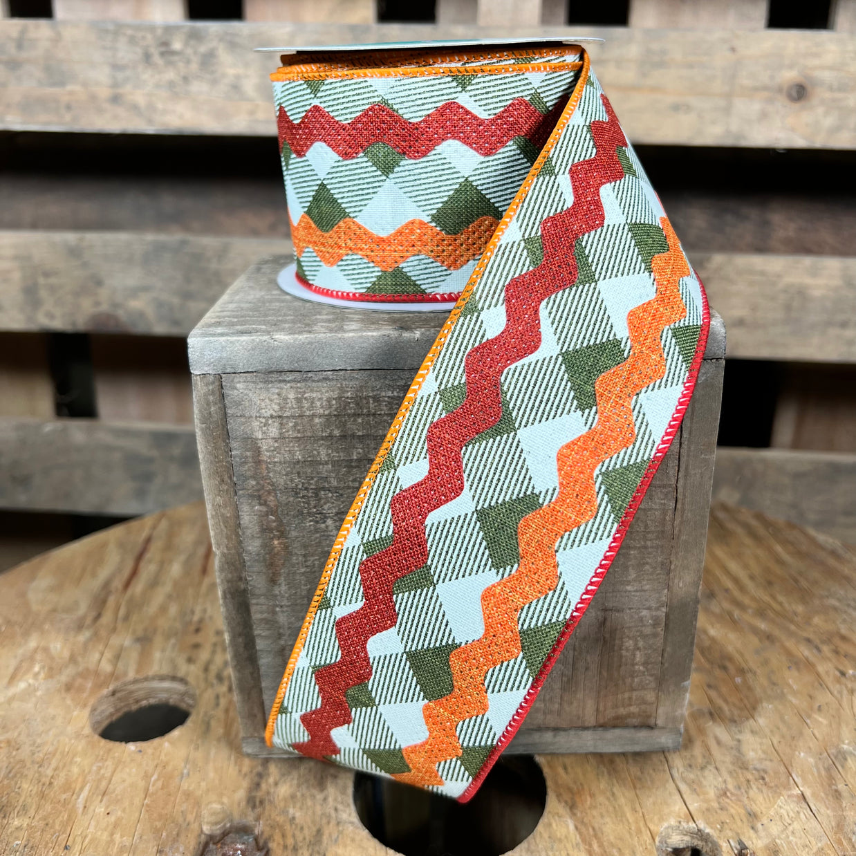 2.5"X10YD Fall plaid and ric rac  Wired Ribbon - RG207152