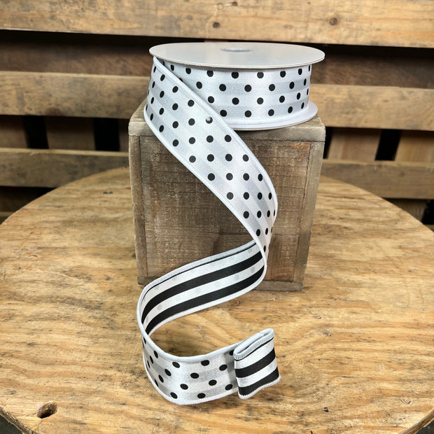 1.5”x 10yd black and white dot/stripe double sided Wired Ribbon - LX306727