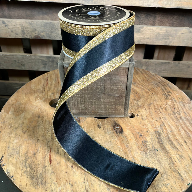 2.5” x 10yd black and gold glitter stripe d’lux ribbon - LX312086