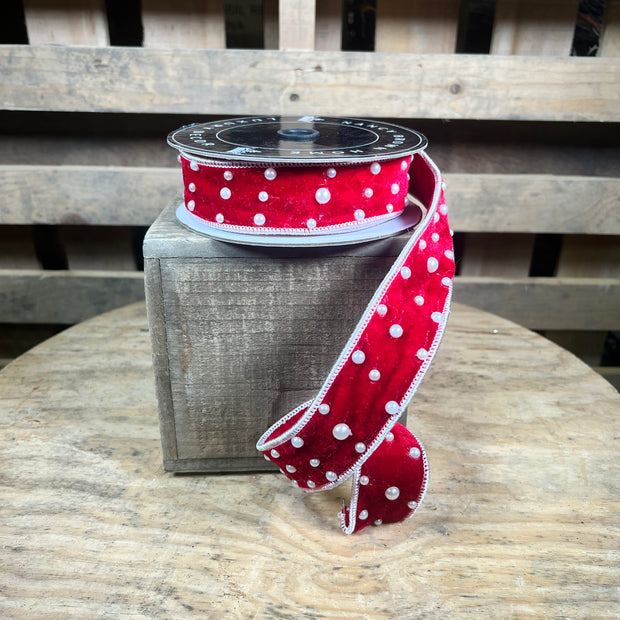 1.5” x 5y Red pearl designer ribbon - 25B375R