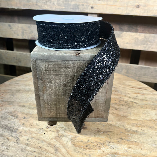 1.5”x 10yd black glitter tinsel edge Wired Ribbon - RG887202