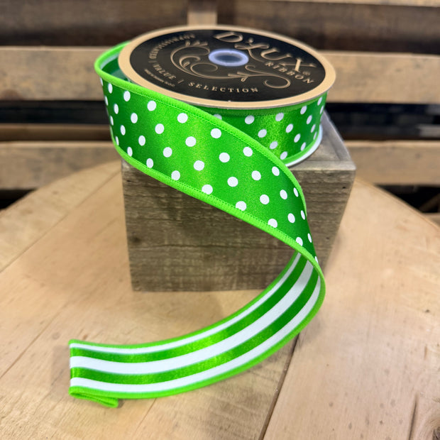 1.5” x 10yd Lime Green  pokadot with stripe backing d’lux ribbon - LX3055LT
