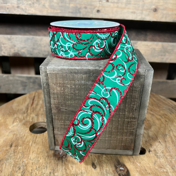 1.5"X10YD Red and green swirl Wired Ribbon - RGF132258