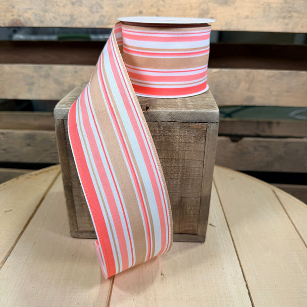2.5" x 10Y tan and coral stripe  Wired Ribbon - 46517-40-46