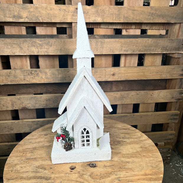 18 inch white wood Christmas church - 84421WT