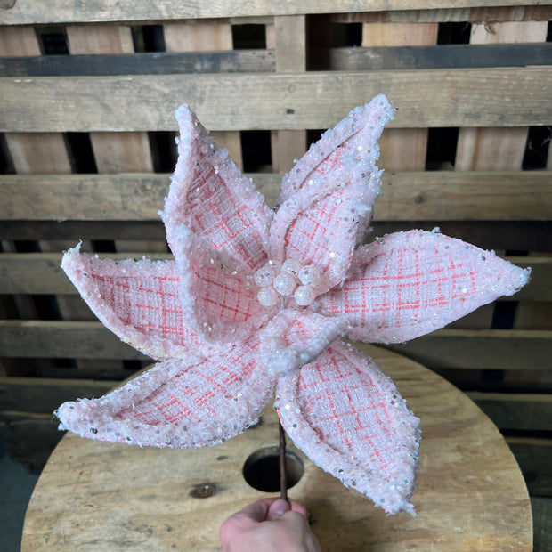 11.75" pink plaid velvet poinsettia  - XS420322