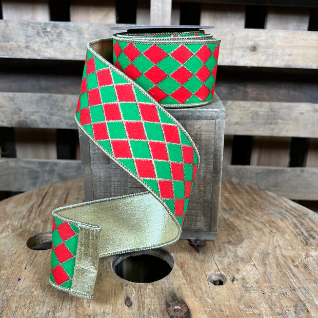 2.5” x 5yd Red and green harlequin deluxe Wired Ribbon - Designer ribbon - 94592W59240D