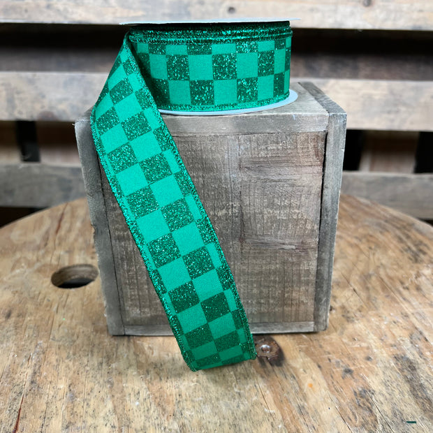 1.5 ” x 10yd  green glitter check Wired Ribbon - RGH105906