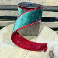 2.5” by 10y Green velvet fused red metallic dupion wired ribbon - John Mark - JME-WN25-027