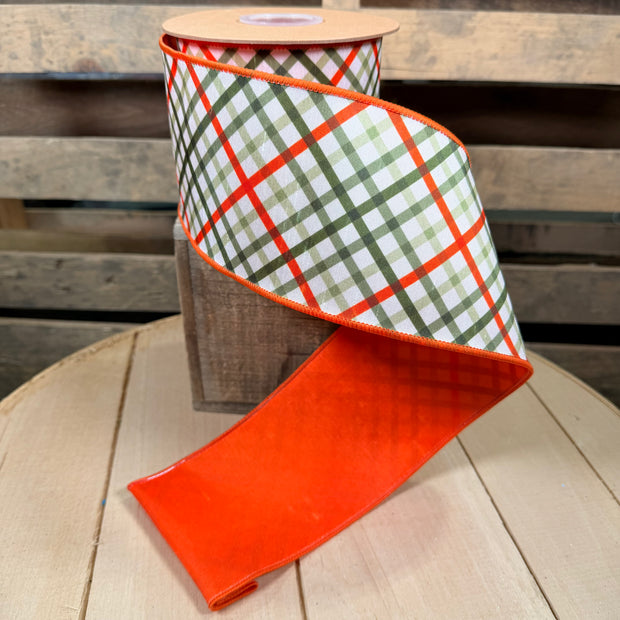 4" X 10YD Garden Bias Plaid w/ Orange Backing Wired Dupioni Ribbon - 9339W-750-100E
