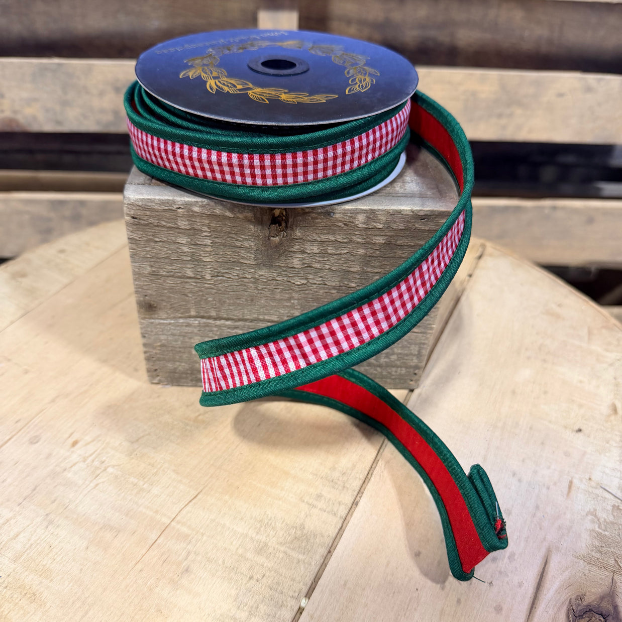 1” by 10y Taffeta mini check green and red wired ribbon - John Mark - JME-WN25-013-EMGN