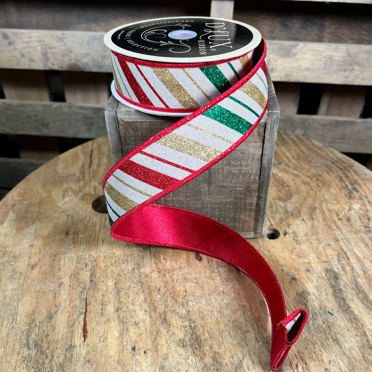 1.5” x 10yd natural glitter stripe d’lux ribbon - LX316601