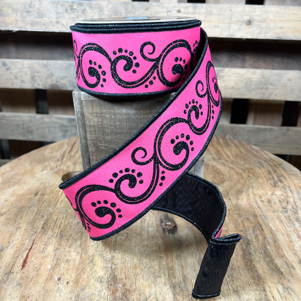 2.5” x 10yd Black and pink swirl glitter double sided d’lux ribbon - LX3254HY