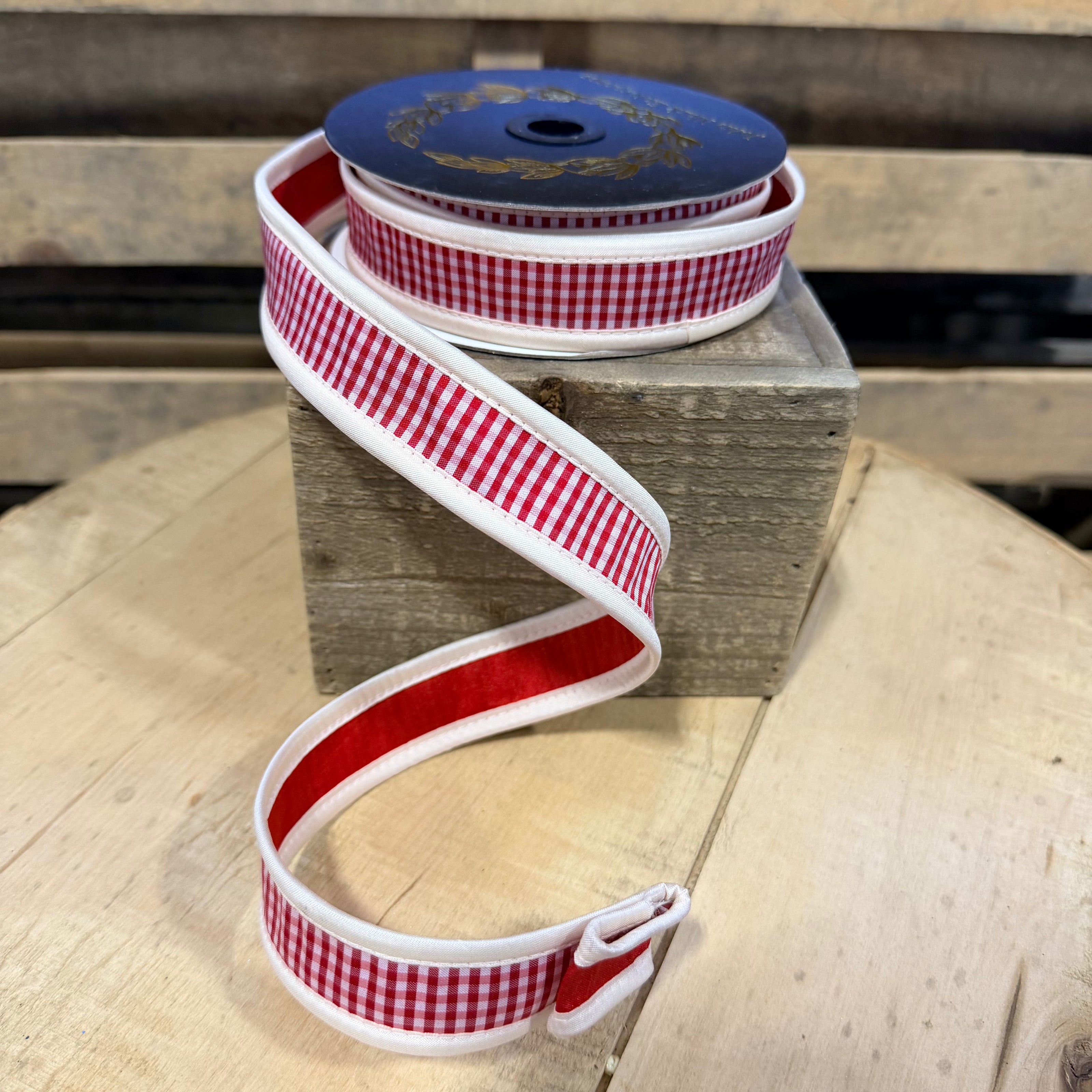 1” by 10y Taffeta mini check Ivory and red wired ribbon - John Mark - JME-WN25-013-IVY