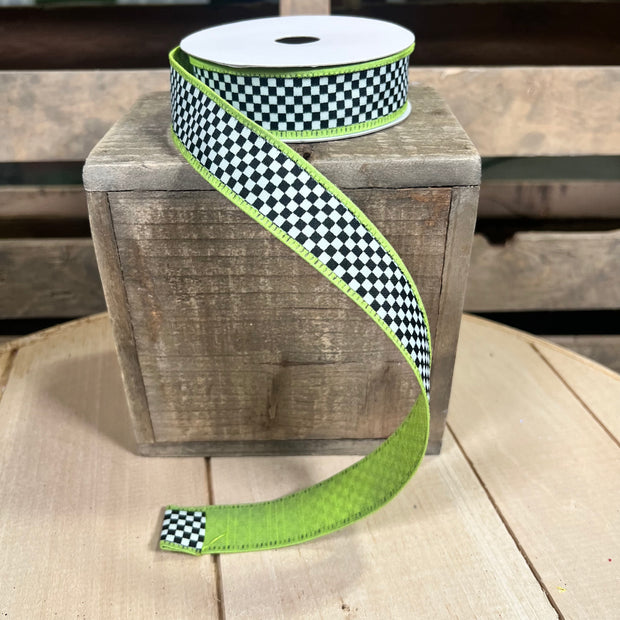 1" x 10Y Lime Green checkered Wired Ribbon - D46632-10-09