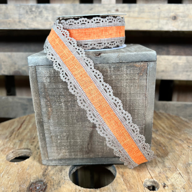 1.5"X10YD beige and orange lace edge Wired Ribbon - RGA154120
