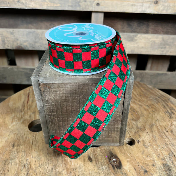 1.5 ” x 10yd red and green glitter check Wired Ribbon - RGH10594N