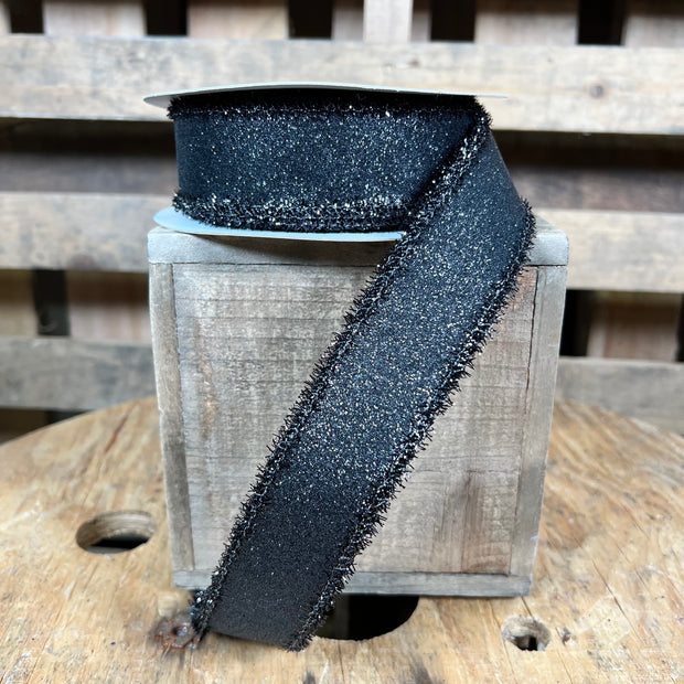 1.5"X10YD black glitter tinsel stripe Wired Ribbon - RGA830802