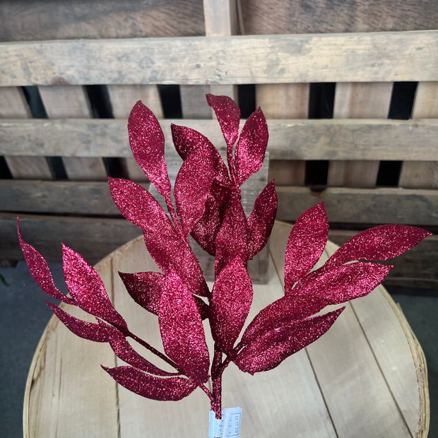 22" Burgundy Glitter BayLeaf Spray - L152905